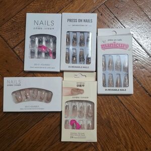 5x Pack of Medium Coffin Press on Nails Butterfly and Pearl Design